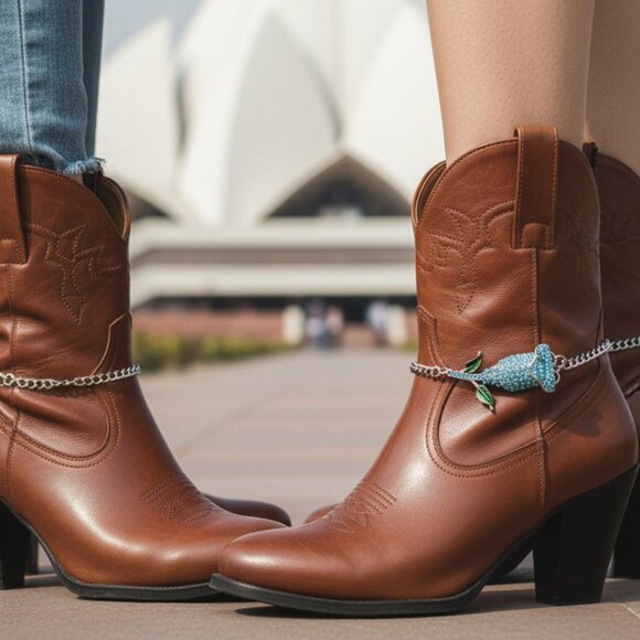 NEW Women Silver Metal Chain Boot Bracelet Shoe Anklet Sky Blue Flower Charm SET - Picture 8 of 17